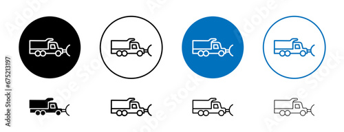 Snowplow line icon set. Road snow removal truck sign. Snowblower symbol. Snowplough icon in black color.