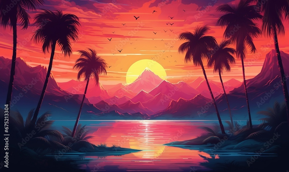 Sunset landscape with palm trees and mountains, Generative AI