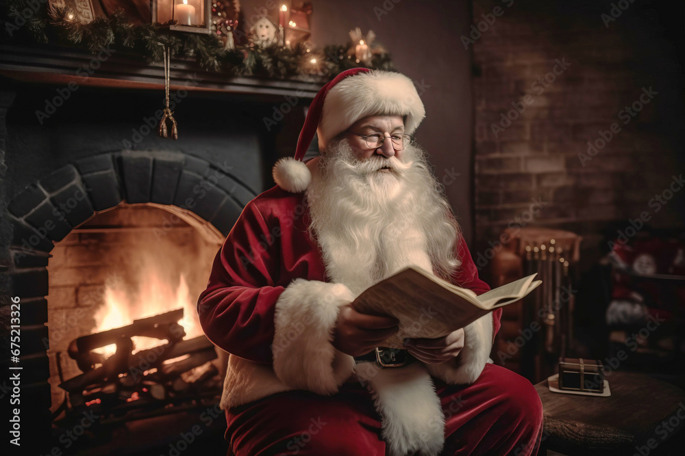 Christmas New Year Santa Claus in a festive interior with a fireplace reads children's letters.