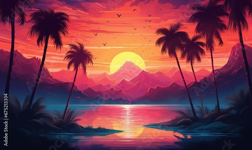 Sunset landscape with palm trees and mountains, Generative AI