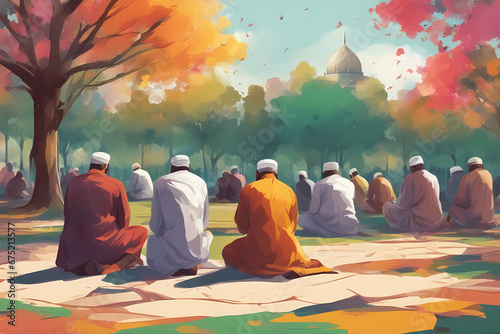 A group of muslim men offering namaaz at a park.	 photo