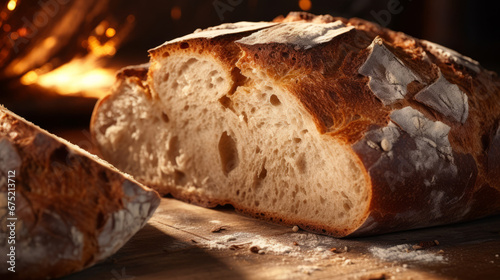 sliced loaf of fresh, crusty bread, close-up