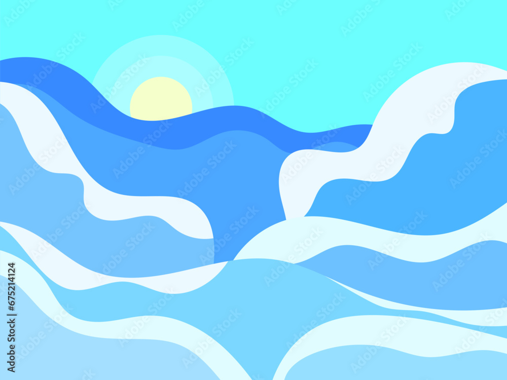 Winter landscape with snowy hills and sun. Mountain landscape in flat style, winter cold weather. View of the snowy hills. Design for poster, banner and promotional item. Vector illustration Winter landscape with snowy hills and sun. Mountain landscape in flat style, winter cold weather. View of the snowy hills. Design for poster, banner and promotional item. Vector illustration