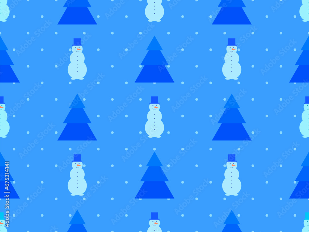 Seamless pattern with Christmas trees and snowmen. Winter background with three-ball snowman, buttons, carrots and hat. Xmas design for wallpaper, print and banner. Vector illustration
