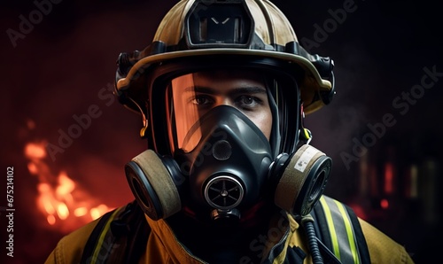 Portrait of firefighter wearing protective facial mask, Generative AI