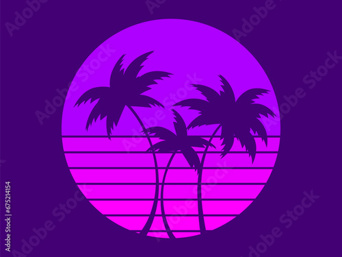 Tropical palm trees at sunset in a futuristic 80s style. Summer time  silhouettes of palm trees in synthwave and retrowave style. Design of advertising booklets and banners. vector illustration