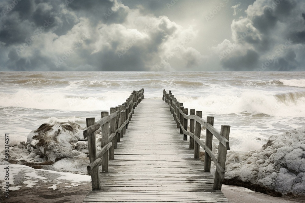 Vintage grey seascape with wooden pier pathway leading to ocean waves. Generative AI