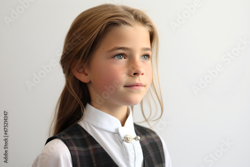 a young girl wearing a vest and a white shirt