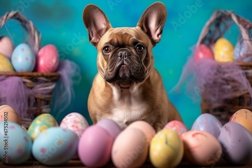 Festive dog with bunny ears holds Easter eggs. Cheerful spring greeting card. Generative AI