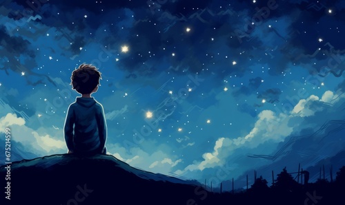 illustration of a boy looking at night starry sky, Generative AI