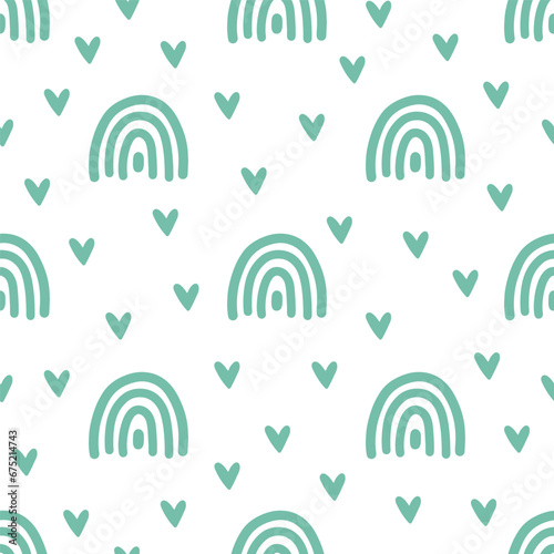 Seamless pattern with green rainbow and hearts