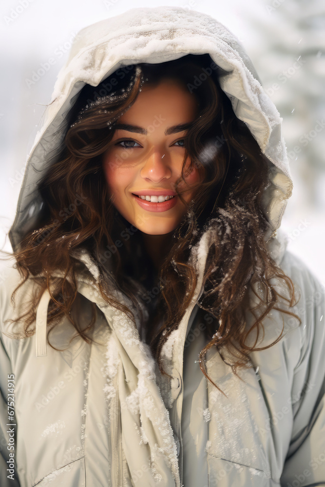 Cold Comfort. Woman in White Jacket in the Snow Cold Comfort. Woman in White Jacket in the Snow