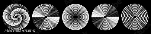 Circular spiral sound wave rhythm icon set. Abstract rotated lines in circle form as background. Design element for prints, logo, sign, symbol and textile pattern. Yin and yang symbol.