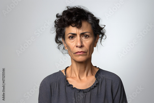scowl mature Latin American woman, head and shoulders portrait on grey background. Neural network generated image. Not based on any actual person or scene. photo