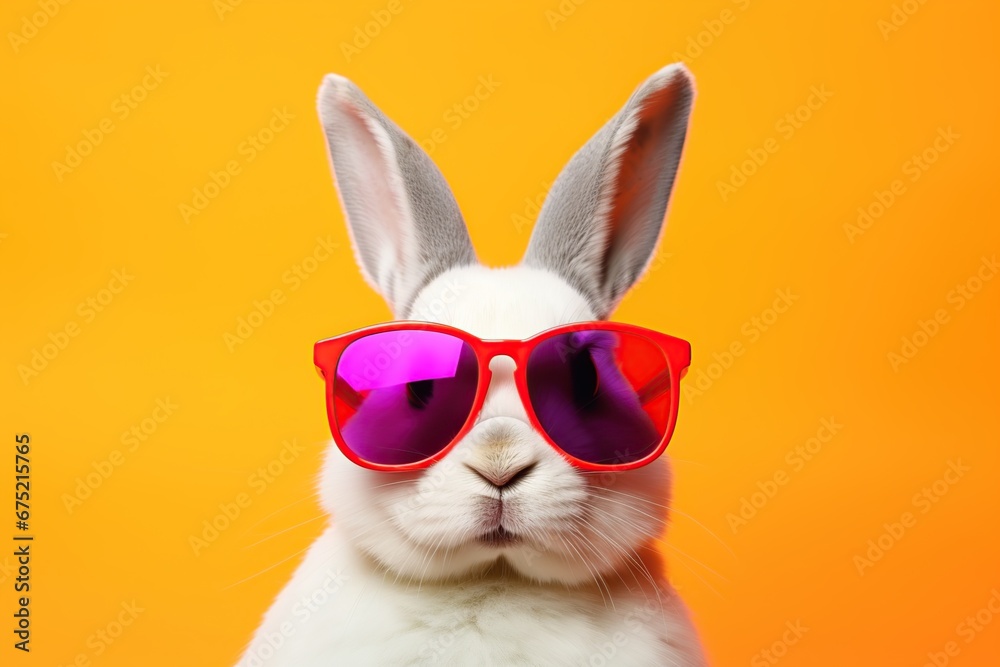 Abstract clip art of White Rabbit wearing trendy sunglasses in contemporary colourful background, Ai Generative 