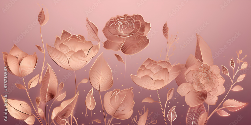 Golden roses line arts on light pink background luxury gold wallpaper ...