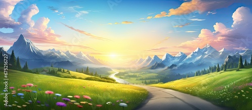 In the backdrop of a picturesque landscape adorned by vibrant green grass and surrounded by majestic mountains a scenic road leads the way towards a breathtaking sunset with the sky painted 