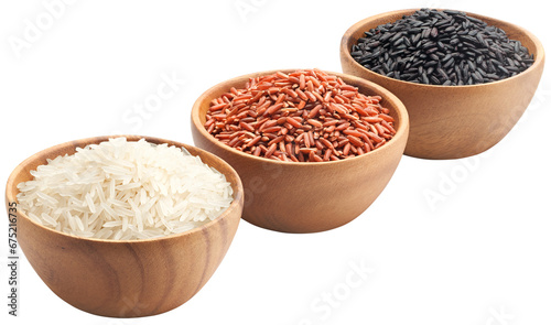 Cuadro en lienzo Three types of rice in bowls - basmati rice, red rice and black rice