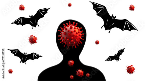 Bat virus transmission from animals to humans, isolated. Nipah bat virus. Nipah virus concept, Nipah henipavirus, Hendra virus, incephalitis. Lung and brain disease, covid 19. photo