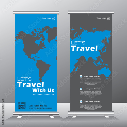 Travel business standee rollup banner design vector template, travel roll up banner, with world map as water mark
