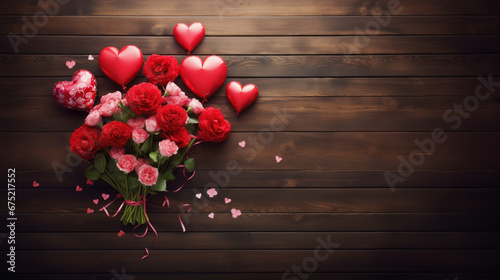 bouquet de ballons rouges en forme de cœur sur un fond bois