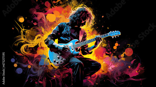 Guitarist playing a guitar. Bright colors on a black background