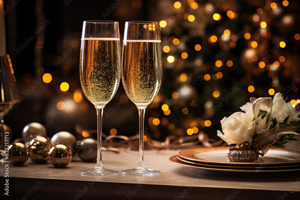 Close-up of glasses with sparkling white wine against the background of a Christmas tree. Christmas and New Year celebration concept Close-up of glasses with sparkling white wine against the background of a Christmas tree. Christmas and New Year celebration concept