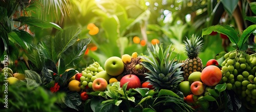 In the lush garden the vibrant green color of the tropical plants creates a stunning background while the texture of the flowers adds a touch of beauty to the summer scenery Amongst the boun photo
