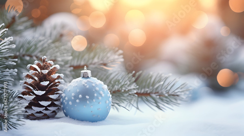 Blue Christmas ball with pine cones, spruce and fir branches on snow covered surface inside a winter forest and golden backlight in the background.