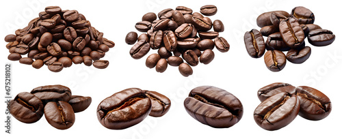 Roasted coffee beans, group stack heap front view on transparent background cutout, PNG file. Many assorted different design angles. Mockup template for artwork
