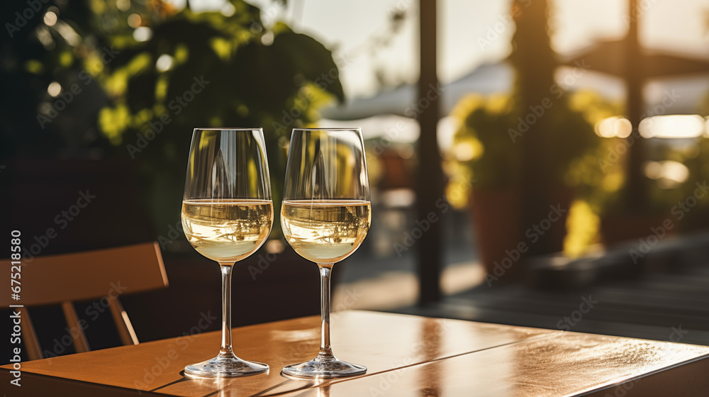 Two glasses of white wine in the sun on a table in a restaurant. Summer holiday. Celebrate and enjoy moment. Alcoholic drink tasting. Romantic evening aperitif. Wine glass close up. Generated AI