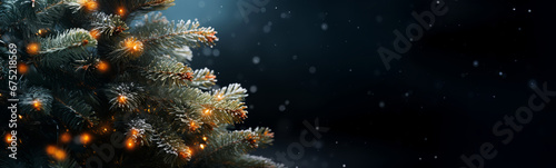 Christmas tree background with illuminated garland and snow. Merry Xmas card with lights and tree branches. Generative Ai