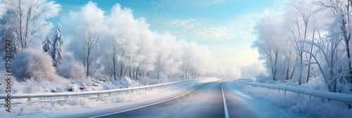 A winding country road lined with snow-covered trees, their branches heavy with glistening icicles. © Maximusdn