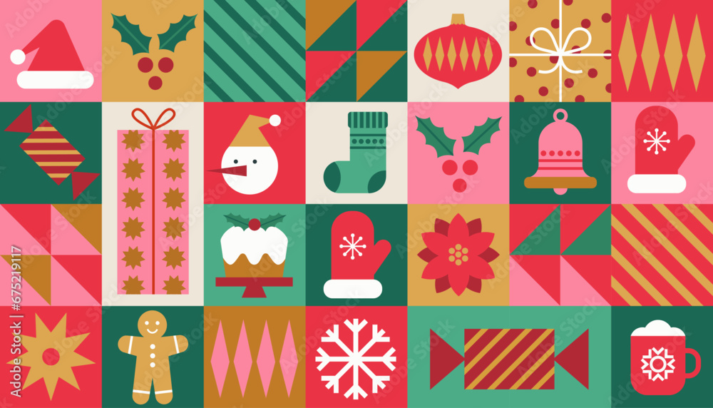 Christmas icons elements with geometric pattern. Merry Christmas and Happy New Year abstract modern background. Trendy design for banner, card, cover, poster, advertising, wallpaper, packaging.