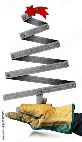 Hand with protective work glove holding a small metallic ruler in the shape of a Christmas tree with a red comet star, isolated on white or transparent background. Png.