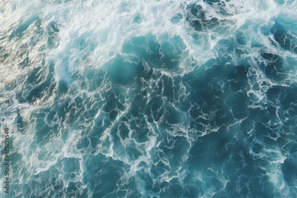 Fototapeta premium Aerial view to waves in ocean Splashing Waves. Blue clean wavy sea water.