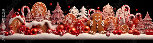 Abstract background with Christmas gingerbread pieces and cookies on brown background. Horizontal composition, banner.