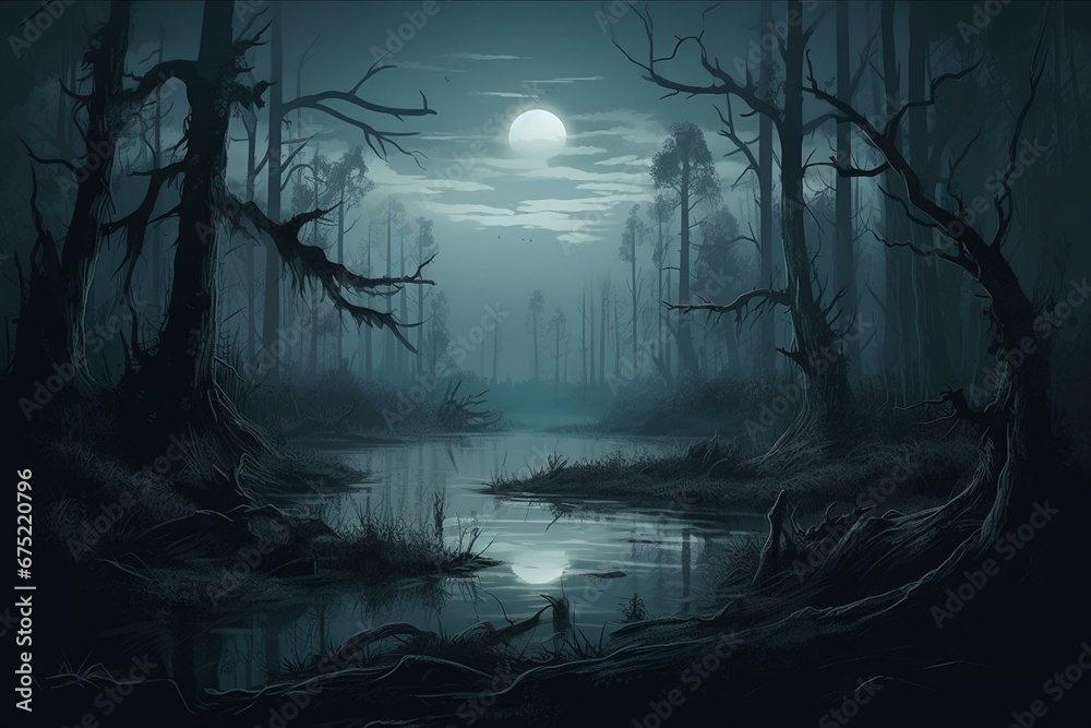 Dark forest at night with eerie swamp, illustrated artwork. Generative AI