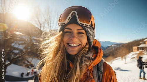 woman snowboarder, skier in the mountains, winter snowy slope, sport, active recreation, lifestyle, people, skiing, snowboarding, athlete, portrait, warm clothes, vacation, travel, nature
