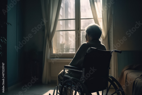 Senior woman sitting on the wheelchr alone, © yurakrasil