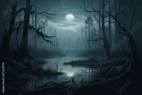 Dark forest at night with eerie swamp, illustrated artwork. Generative AI