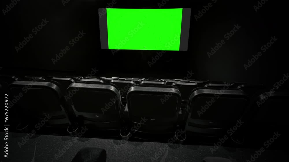 Cinema Green Screen Old Film Projection Empty Movie Theater Seats Zoom In. Green screen
