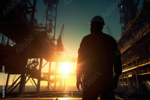 Double exposure of engineer wearing helmet safety with blurred oil refinery plant as a background.