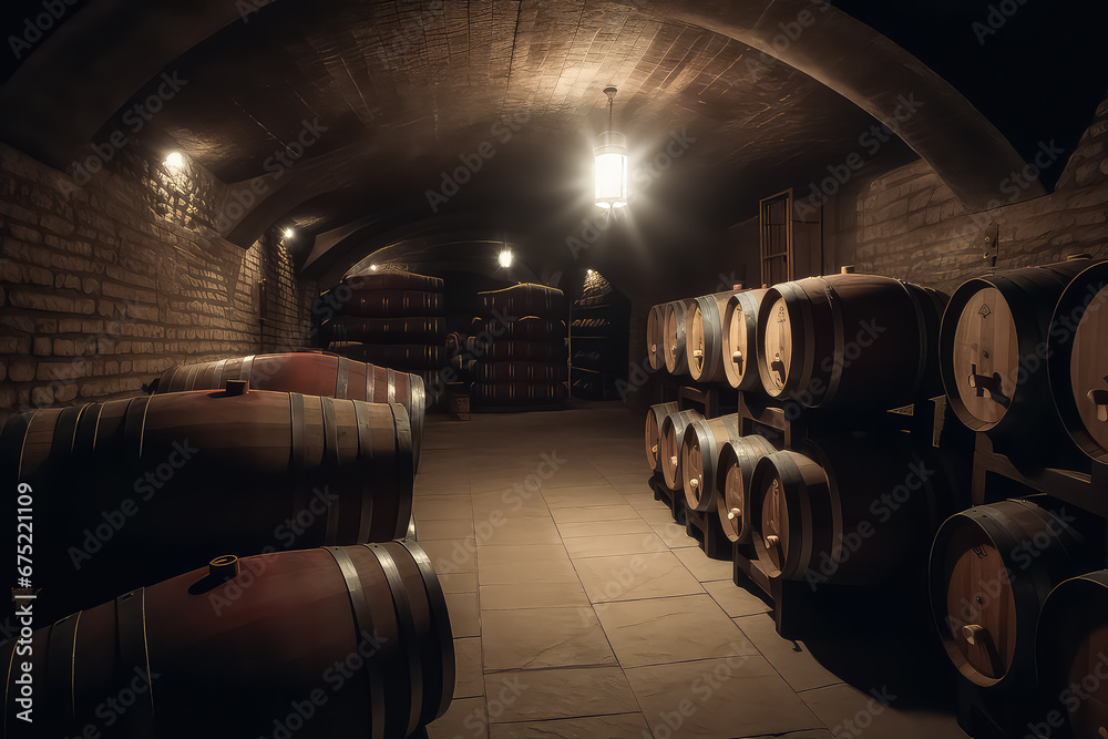 Old cellar with bottles and barrels,