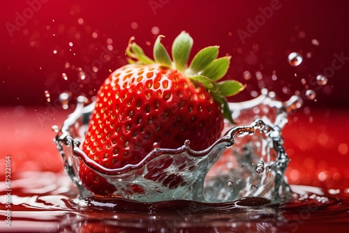 red strawberry_with_splashing_water_and red background