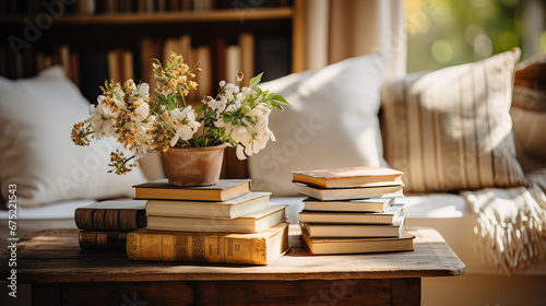 A pile of vintage books at living room in farmhouse