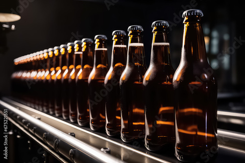 Concept brewery plant production line  Glass bottles of beer on dark background with sun light.