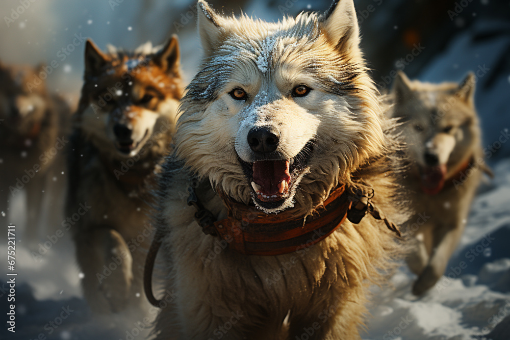 A dynamic image of a sled dog race in progress, with determined snow huskies and their mushers competing in the snowy terrain. A dynamic image of a sled dog race in progress, with determined snow huskies and their mushers competing in the snowy terrain.