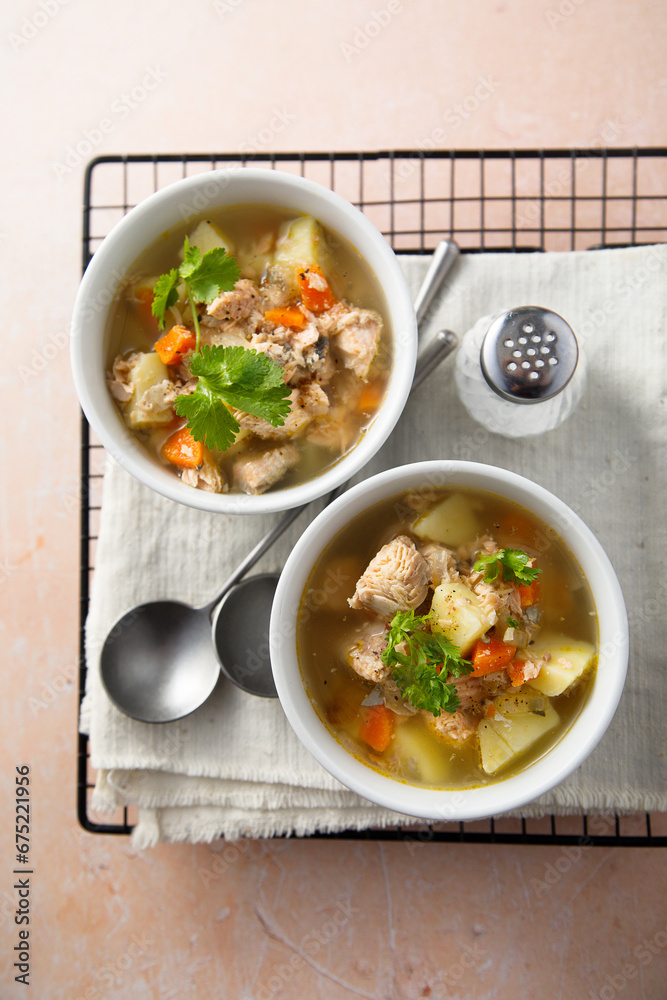 Homemade salmon soup with vegetables Homemade salmon soup with vegetables
