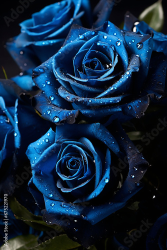 Beautiful blue roses with water drops on black background generated.AI